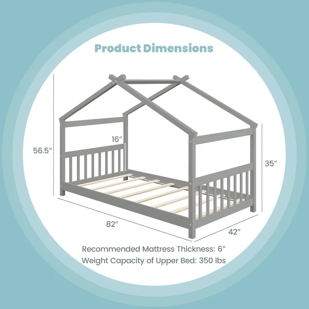 House Bed Twin,Solid Wood Kids House Bed with Roof,Headboard and Footboard,Low Floor Twin Bed Frame for Toddlers Teens GirlsBoys 2