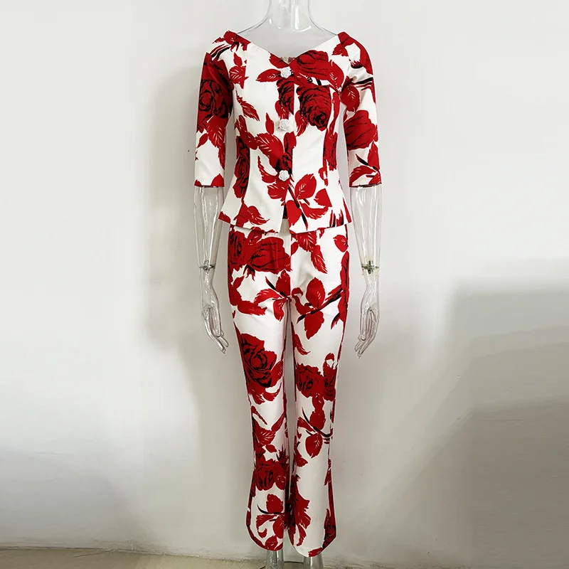 odoodem womens fashion off shoulder floral print 3/4 sleeve 3D rose top cropped straight pants outfits