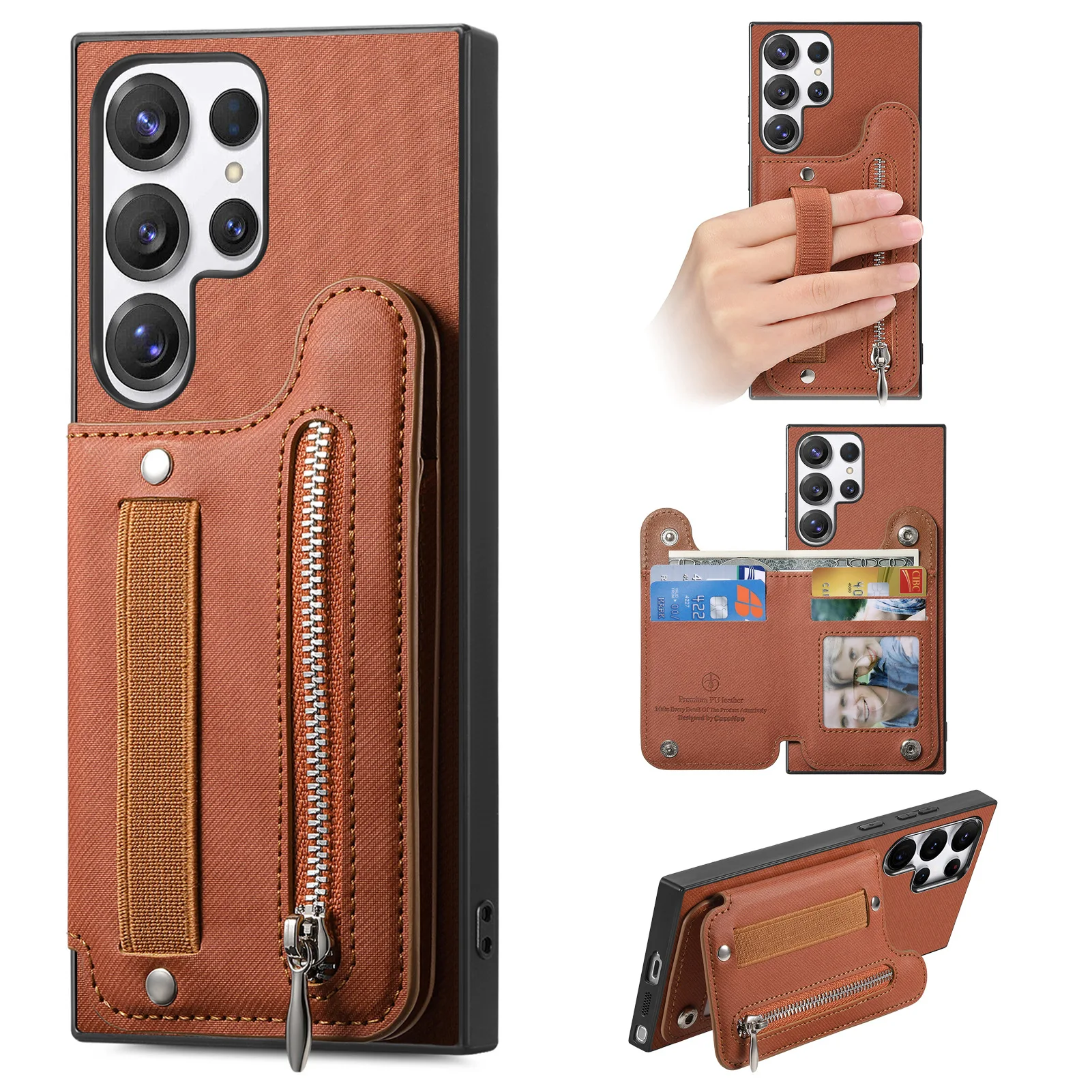 Zipper Card Slot Leather Wallet Case with Elastic Wrist Strap