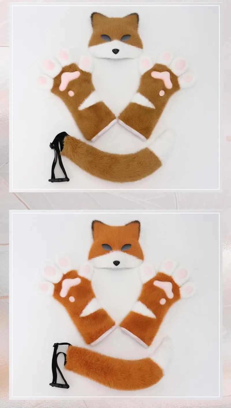 Halloween Color-Blocking Long Glove Beast Tail Set Cosplay Prop Plüsch Fuchs Masken Sets Maske Schwanz Zubehör Halloween Party Karneval – Detail 4