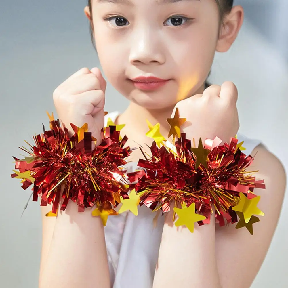 6Pcs Metallic Pom Poms Cheerleading Elastic Hair Ropes Stage Performance Elastic Band Bracelet with Star Decor Celebration Volle