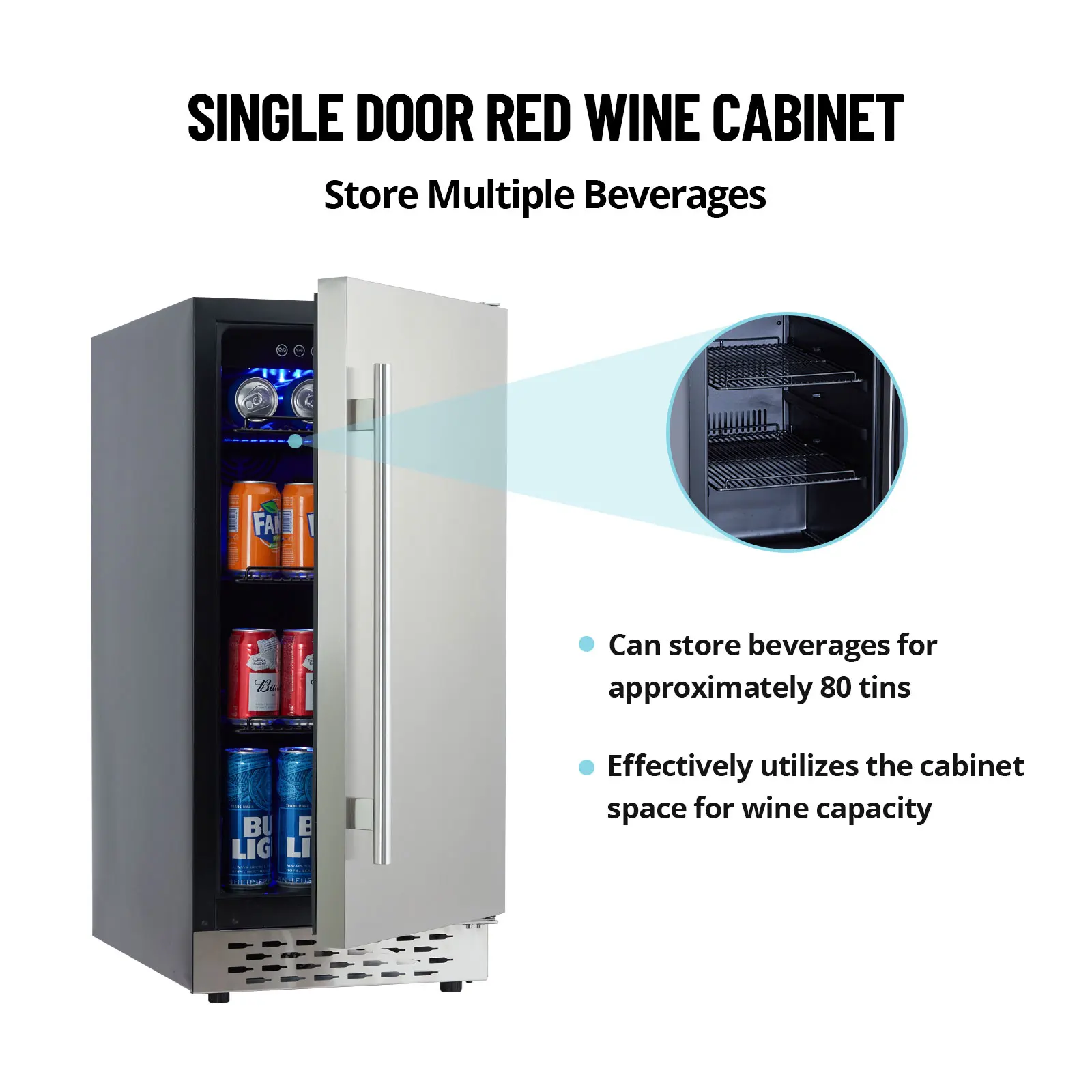 15 Inch Outdoor Beverage Fridge Weather Proof Stainless Steel Cooler,80 Cans Under Counter Built-In or Freestanding Beer Fridge 5