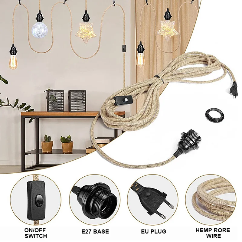 Genixgreen DIY Twisted Cord Lamp Base Rope Electrical Wire 2 Core 2M 3M E27 EU Plug Plastic Socket Vintage ON OFF Switch Cable lamp base