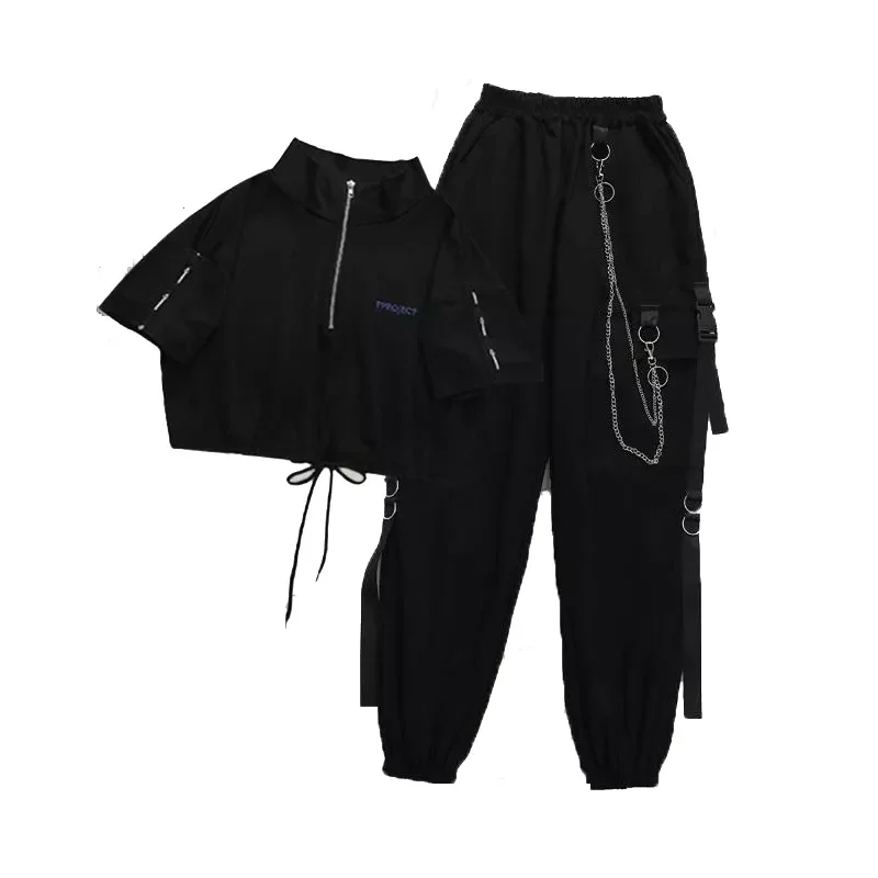 

Cargo Pants Buckle Ribbon Pocket Jogger Elastic Waist High Streetwear Harajuku Pant Chain Females Two Piece Pants