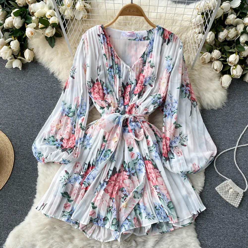 Ladies V-Neck Chiffon Floral Short Jumpsuit Elegant Women Lace-Up Baller Sleeves Boho Playsuit Holiday Summer One-Piece Outfits