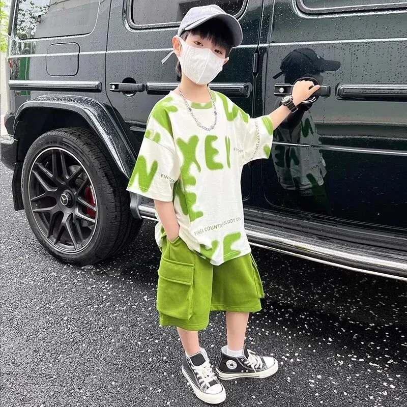 

Summer Teenage Boy Clothes Set Children Girls Gradient Tshirt and Shorts 2pcs Suit Kid Short Sleeve Top Bottom Outfits Tracksuit