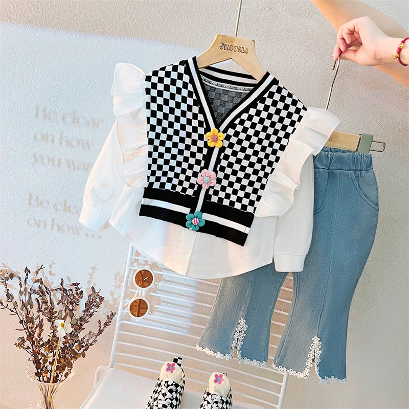 

Baby Girls Clothing Sets Autumn Kids Outfits Toddler Infant Plaid Floral Tops Lace Jeans 2 Pcs Suit Children Princess Clothes