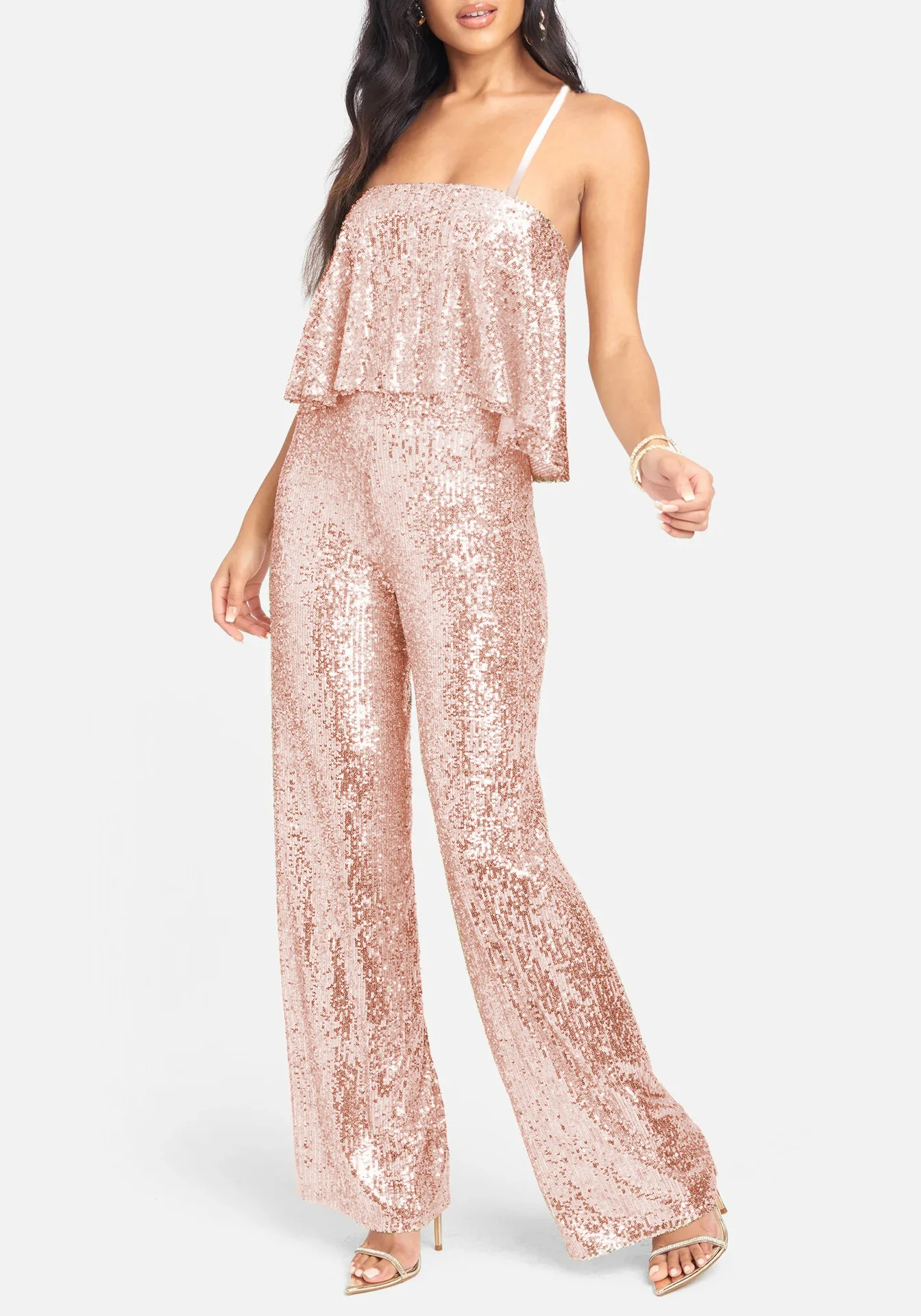 2023 New Women Sequined Party Jumpsuit Sexy Spaghetti Sleeveless Straight Pants Champagne Pink Elegant Chic Evening Prom Rompers 2023 summer spaghetti strap solid party jumpsuits women sexy v neck cross off shoulder irregular mini dresses hem jumpsuit