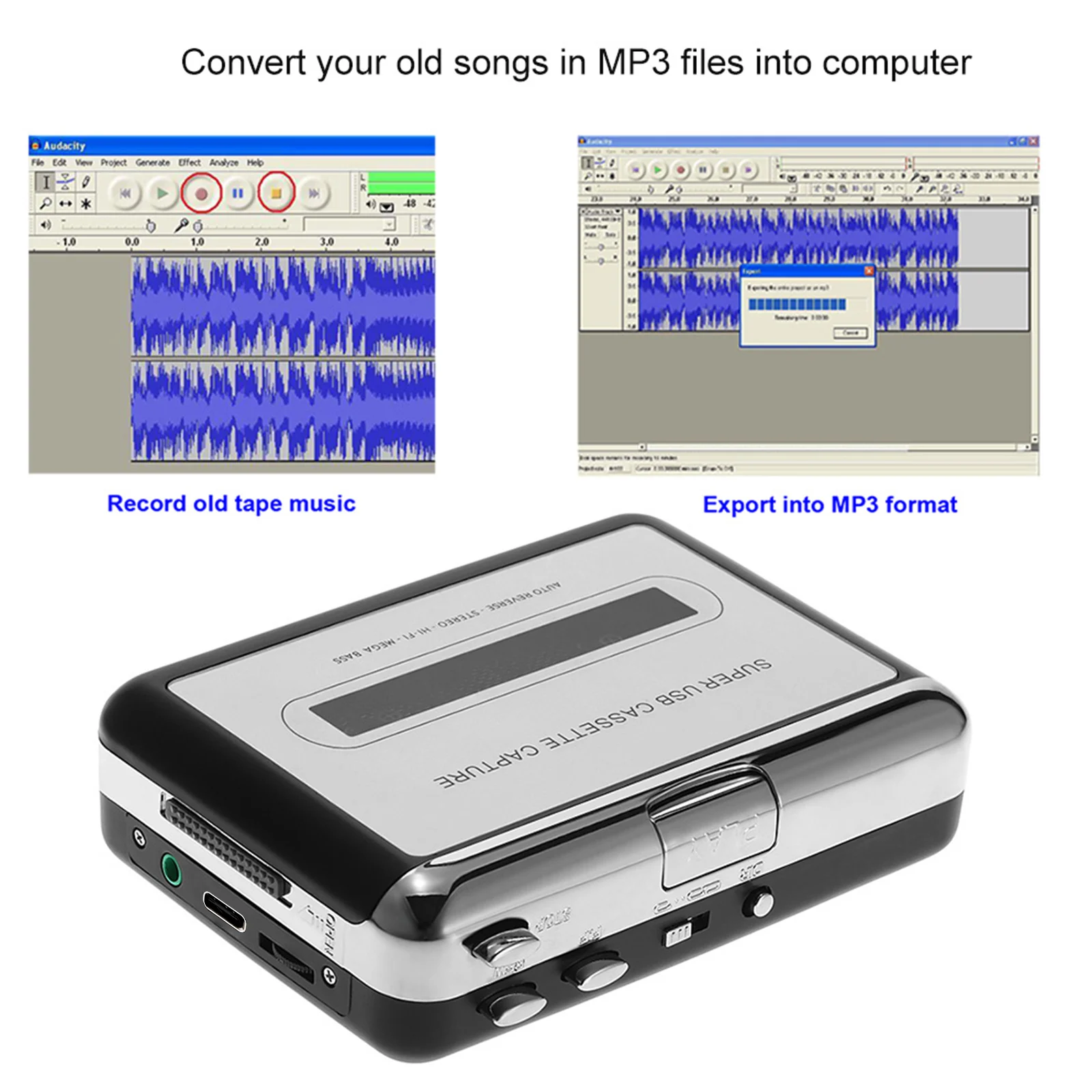 Cassette Player USB Cassette Capture Cassette Tape-to-MP3 Converter into Computer HiFi Sound Quality Mega Bass Audio Music Player with Earphone