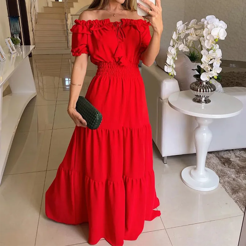 

Cutubly Womens Elegant Sleeveless Off Shoulder Long Gowns And Evening Dresses Puff Sleeve Slim Fit Ruffles Big Swing Vestidos