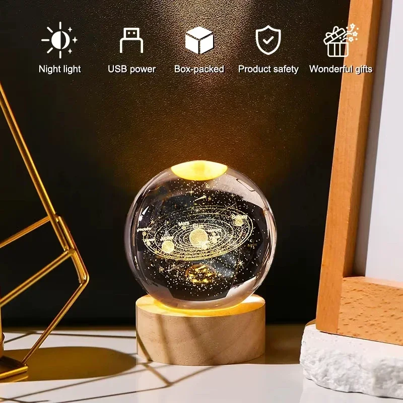3D Galaxy Crystal Ball USB Moon LED Night Lights Wooden Base Glass Sphere Lamp Christmas Decorations Home Ornament Birthday Gift