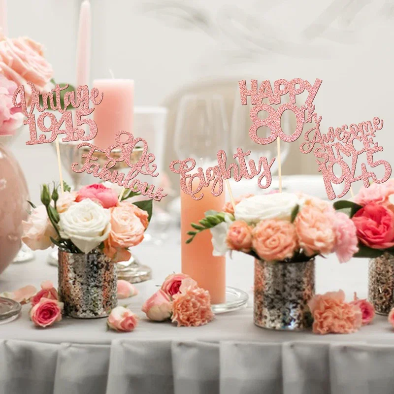 10-Pack Double-Sided Glitter 80th Birthday Centerpiece Sticks - Rose Gold Table Toppers