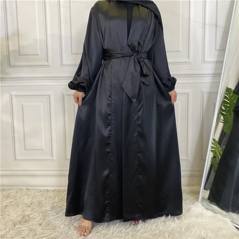 

Modest Open Abaya Turkey Kaftan Satin Long Dress Islamic Clothing Ramadan Eid Muslim Kimono Cardigan Arabic Robe Belted Abayas