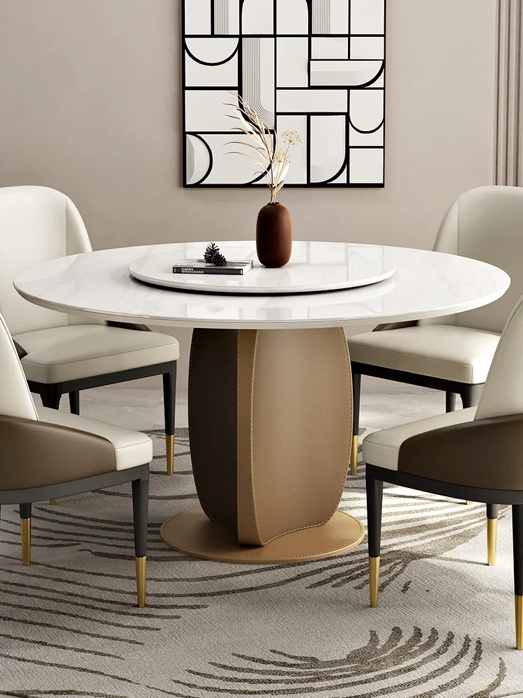 

Italian light luxury marble dining table rock board modern simple household size round table chair combination with turntable