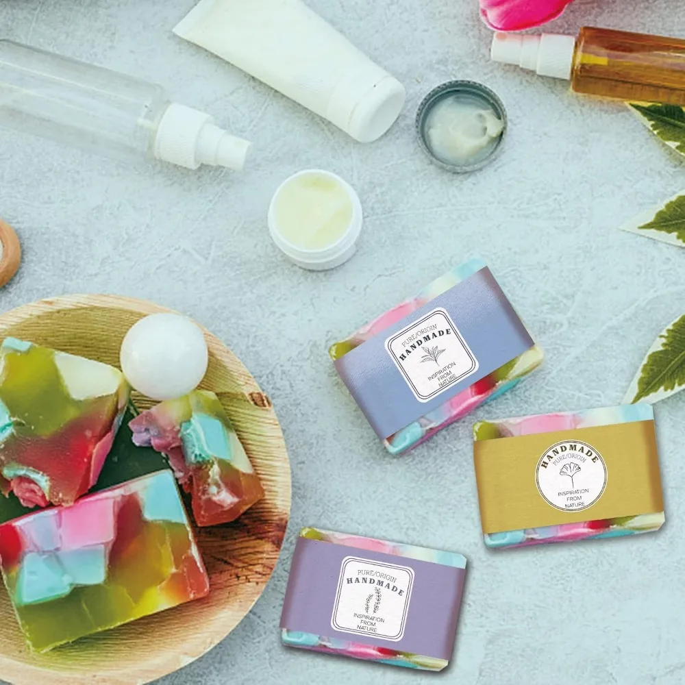 90pcs Wrap Paper Tape, 9 Style Leaf Soap Wrapper Vintage Band Label Crafts Wrapper Sleeves Covers Vertical Tags for Handmade