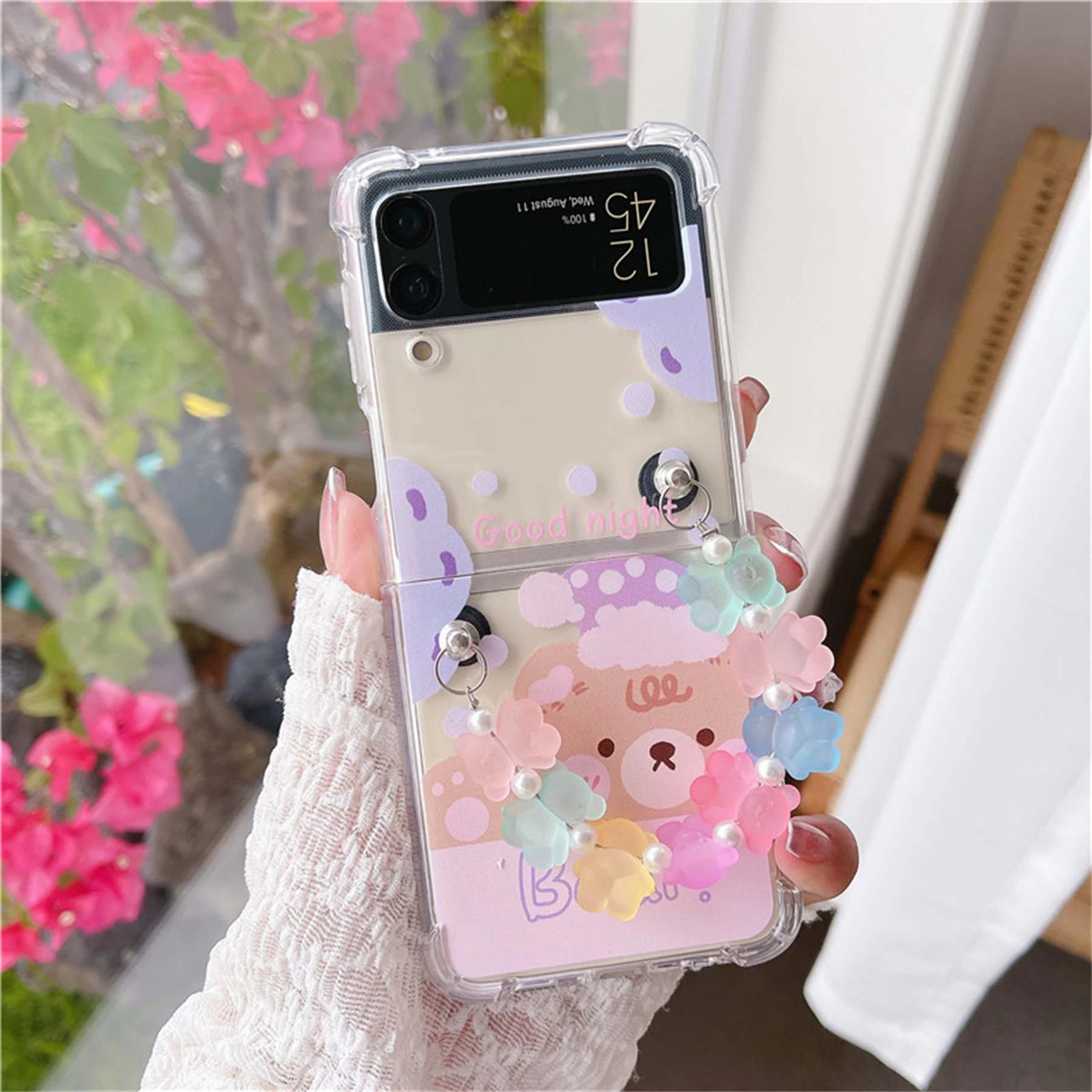Korean Cute Candy Bear Pearl Bracelet Chain Phone Case For Samsung Galaxy Z Flip 3 5g Z Flip3