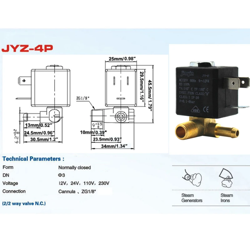 JYZ-4P 평상시 닫힘 3mm N/C 2/2 웨이 AC 230V G1/8 필립스 다리미, 스팀 걸레, 의류 기선 커피 용 6Bar 황동 스팀 펌프
