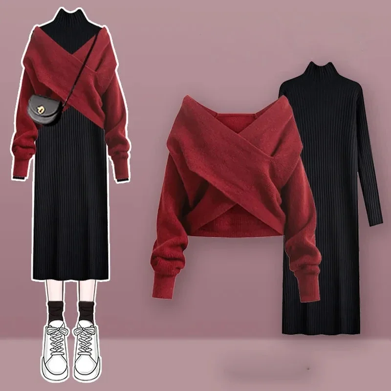 Large Plus Autumn Dress Set Women Slim Red Criss-cross Sweater Pullover+High Neck Medium Length Knitted Skirt Two Piece Set ltgem eva hard case for 3m medium reusable half mask respirator face piece 1 2 mask dewalt safety goggle filter