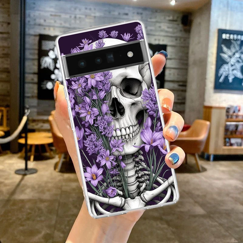 Transparent TPU Phone Case with Pink Purple Skull Design
