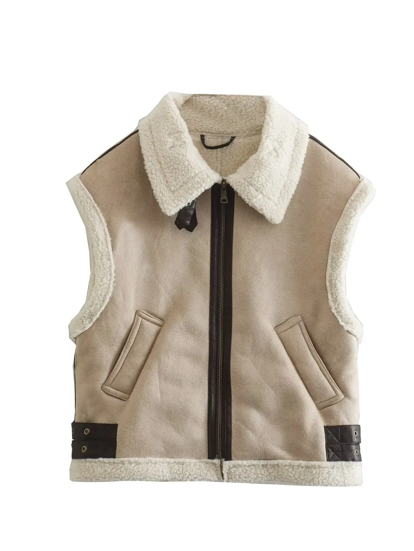 plus-size-women's-clothing-sleeveless-woolen-jacket-zippered-sherpa-vest-with-leather-patch-on-collar-and-hem-autumn-winter-vest