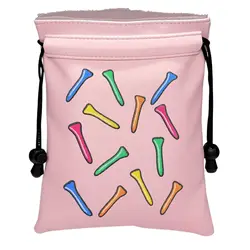 Whimsical Golf Tee Pattern PU Leather Valuables Pouch with Drawstring Closure (Pink pouch)