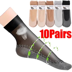 1/10Pairs Summer Women Socks Non-Slip Sweat-Absorbing Cotton Soft Thin Breathable Fashion Sexy Silk Sock Ladies Transparent Sock