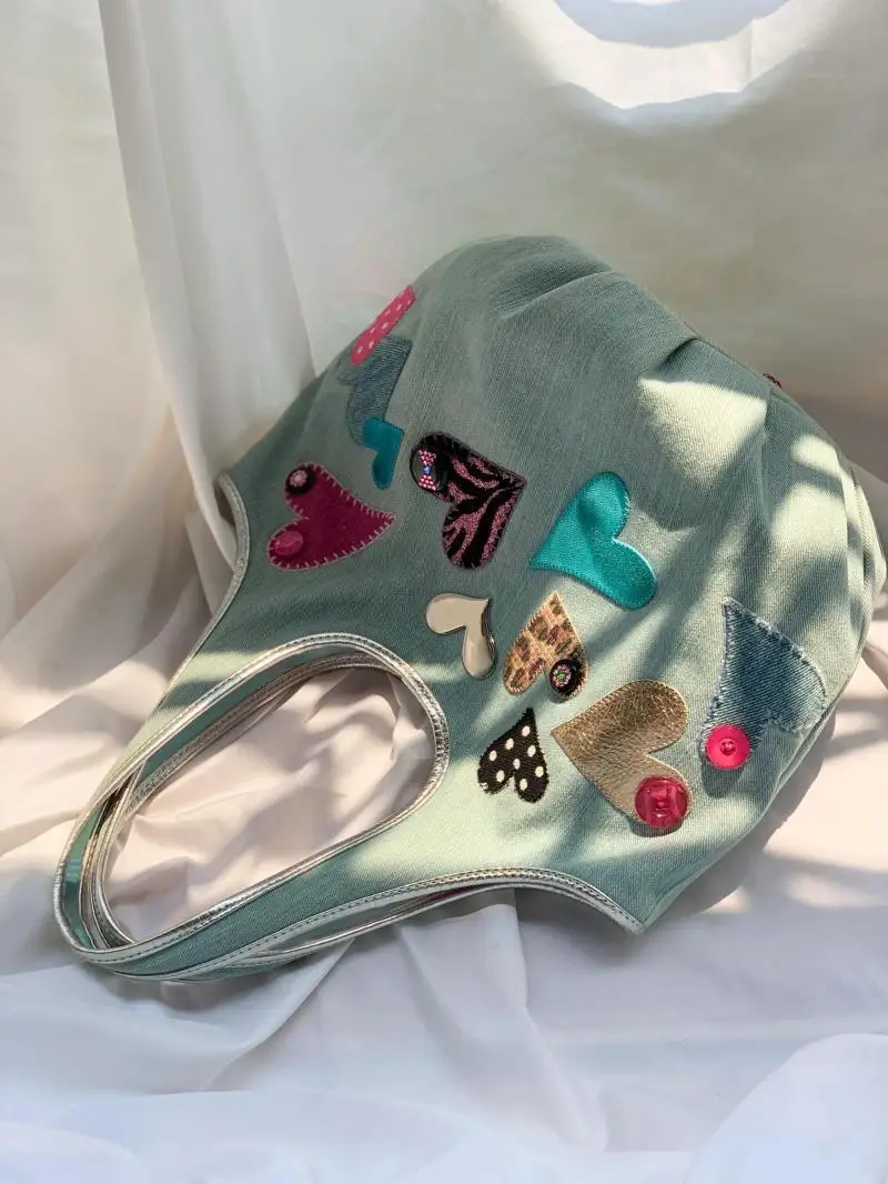 JIAERDI Heart Beading Y2k Bucket Bag Purse Women Fairy Core Casual Denim Bag Female Harajuku Sweet Handle Underarm Bag Aesthetic