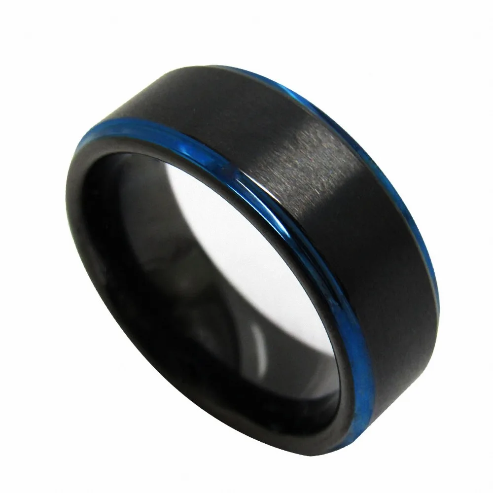 8mm Tungsten Carbide Ring Black Brushed Blue Stripe Wedding Band Men`s Jewelry