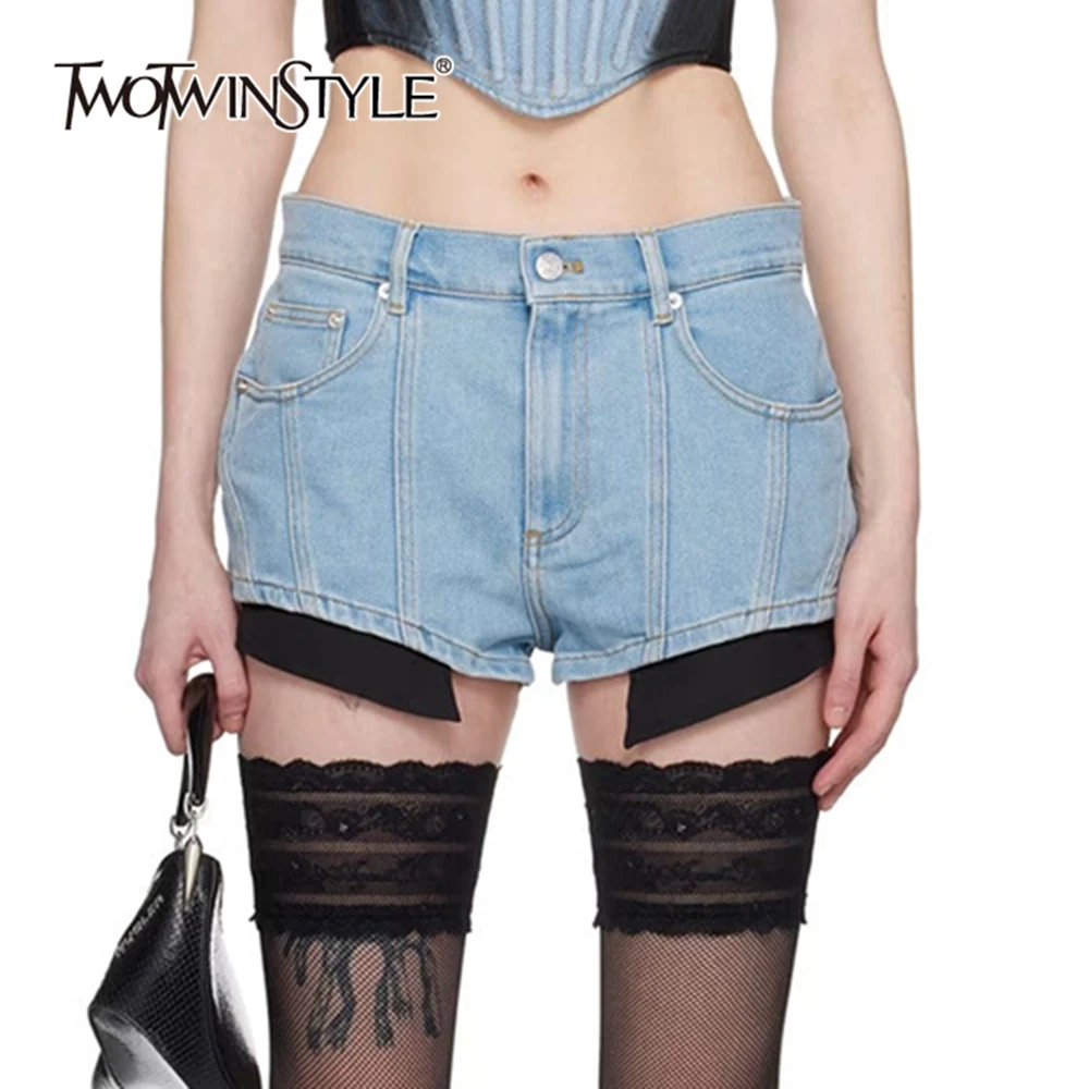 

TWOTWINSTYLE Streetwear Colorblock Spliced Pocket Short For Women High Waist Patchwork Button Chic Denim Shorts Female KPA504636