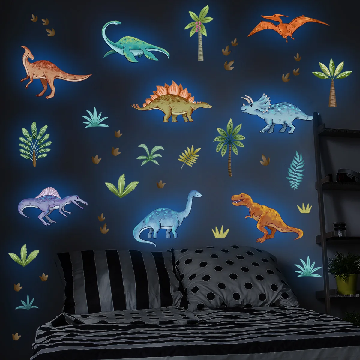 Blue Luminous Dinosaur Wall Stickers Glow in The Dark Dino Decals for Kids Room Boys Bedroom Wall Decoration Fluorescent Sticker