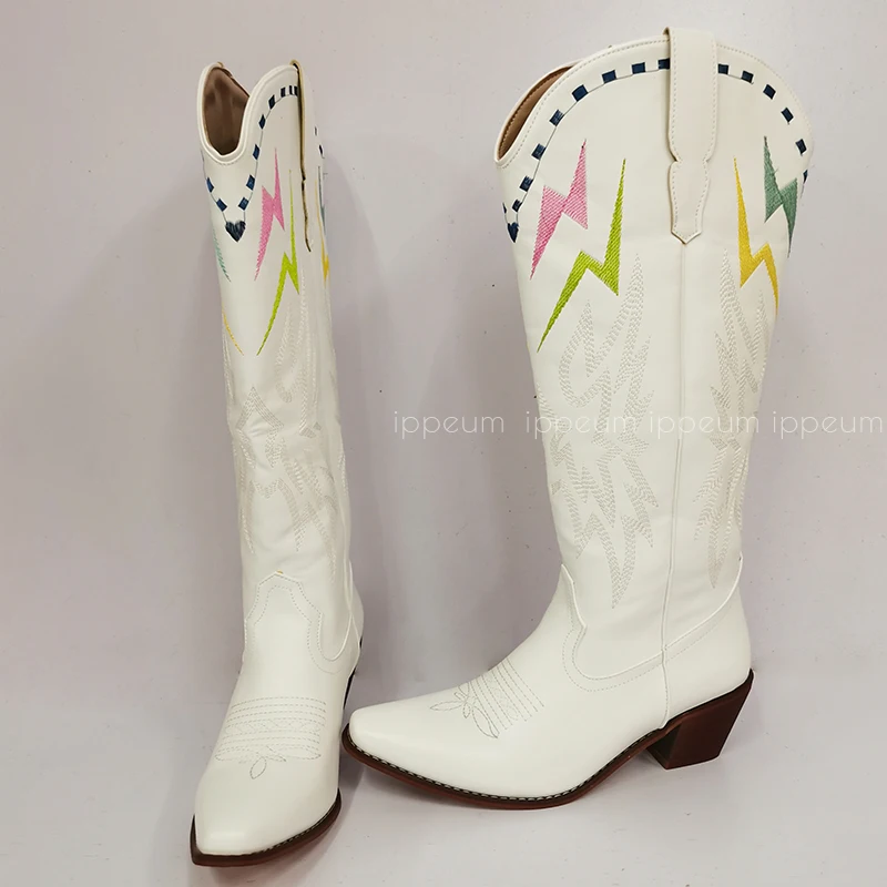 IPPEUM czarne kolano wysokie kowbojki z dalekiego zachodu dla kobiet haftowane białe spiczaste buty z palcami białe szerokie buty kowbojki