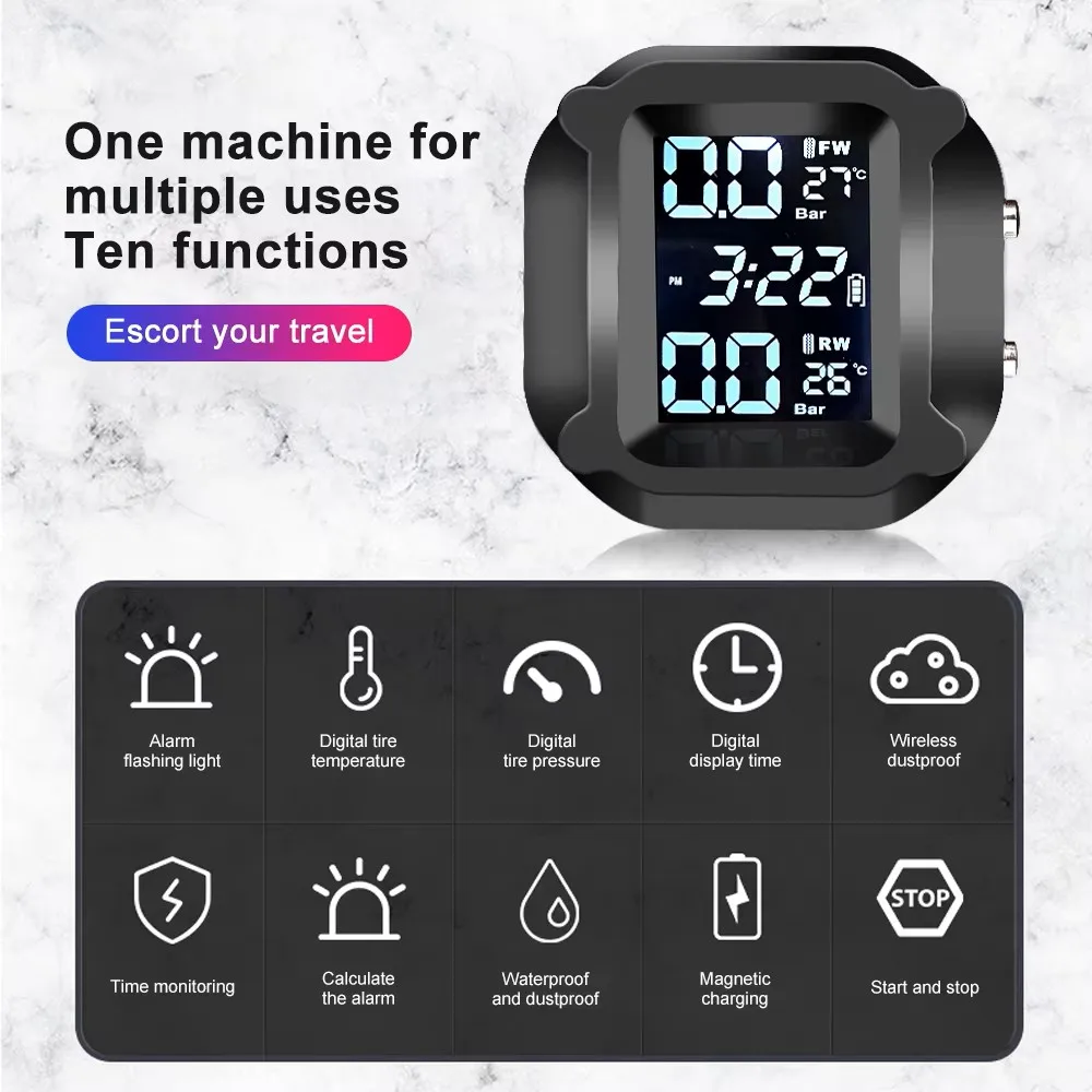 Motorcycle Tire Pressure Monitor M5 Digital Display External Wireless Detector