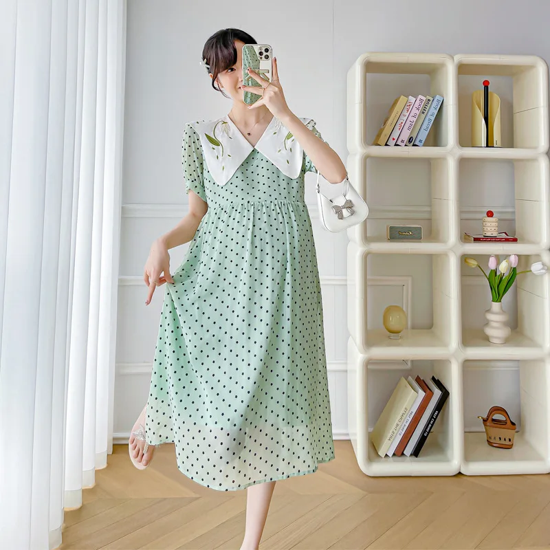 

Fashion Embroidery Puff Sleeve Maternity Floral Dress Fashion Printing High Waist Pregnant Woman Chiffon Dress Pregnancy Clothes