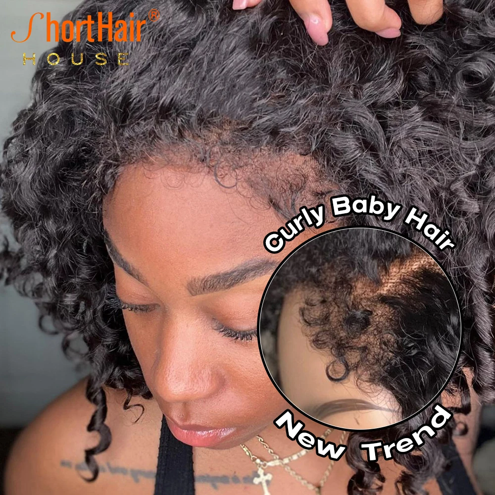New Fashion Deep Curly Lace Front Human Hair Wigs With Curly Baby Hair Brazilian Short Bob Wigs 250% Bouncy Hairline