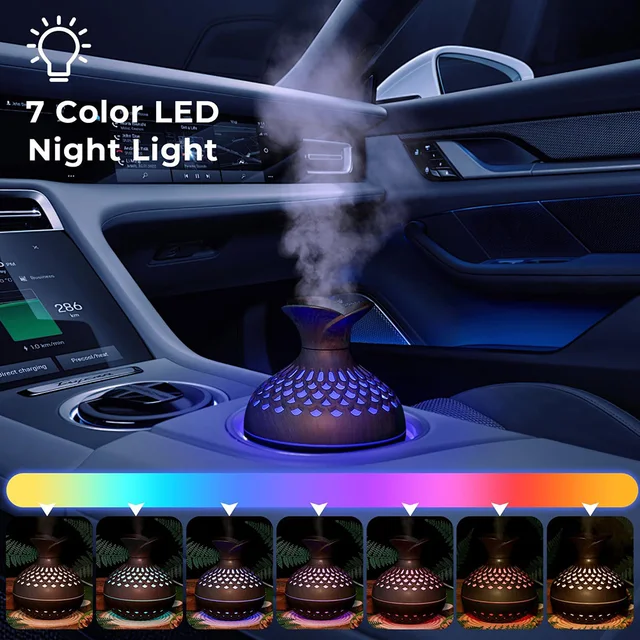 Portable Wood Grain Humidifier 300ml Small Humidifiers Wooden Vase Flower Aroma Diffuser, Quiet Cool Mist Humidification for Car 3