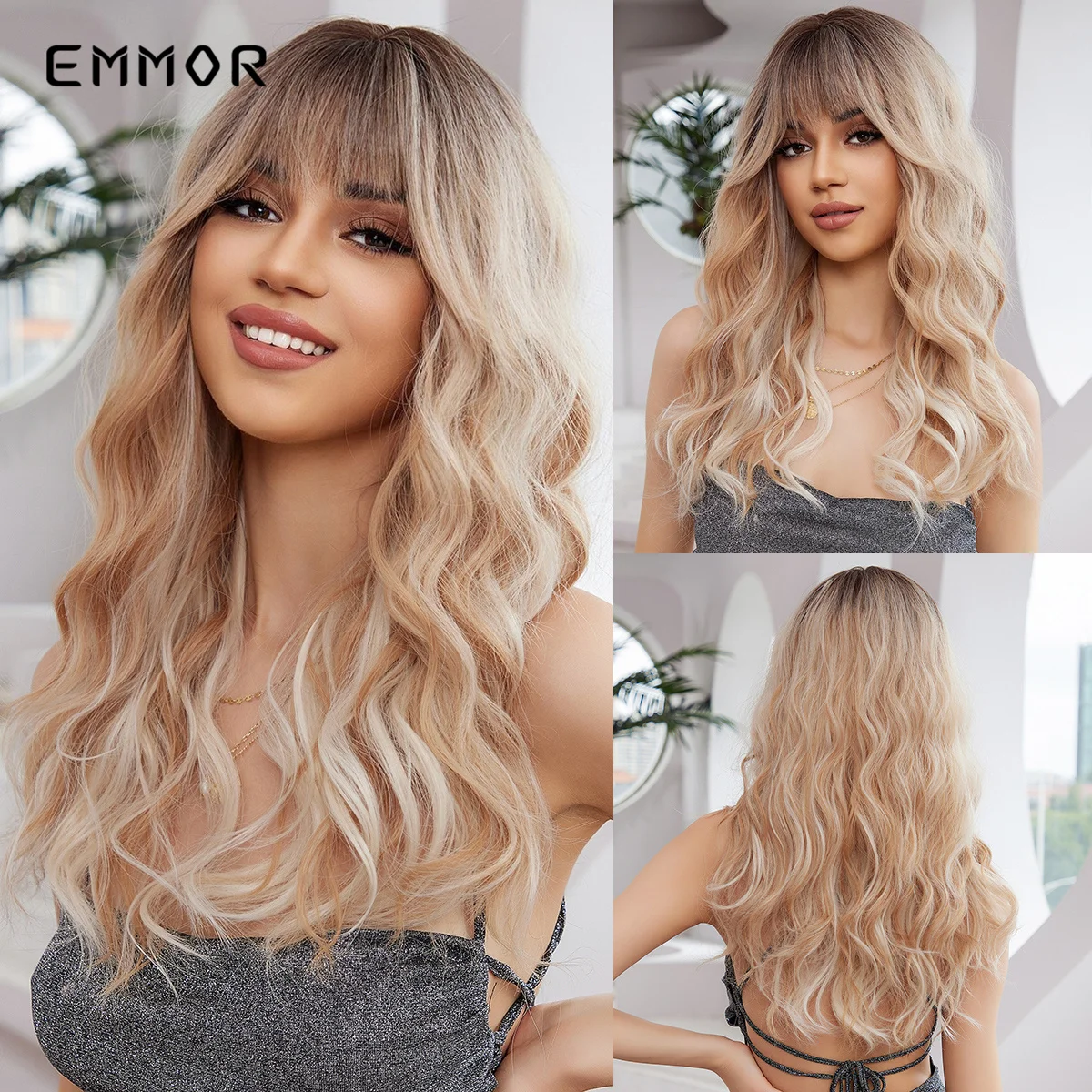 Emmor Youthful Synthetic Wig Long Wavy Curly Gradient Gold Wigs for Women Heat Resistant Party Daily Hair Bang Natural