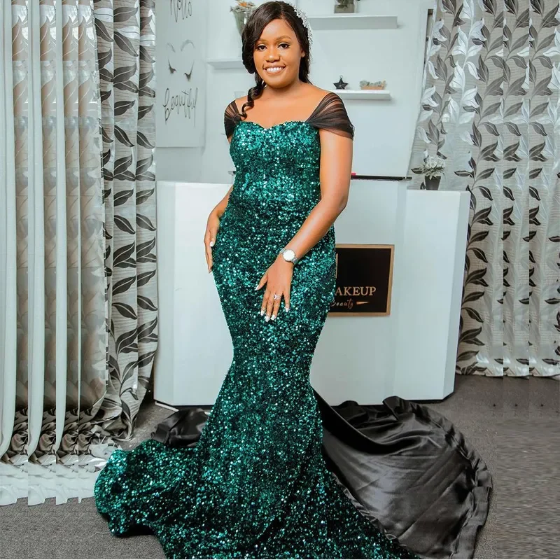 

2024 New Green Sequine Black Satin Mermaid Evening Dresses Portrait Sleeve Backless Celebrity Formal Gown Plus Size Prom Dress