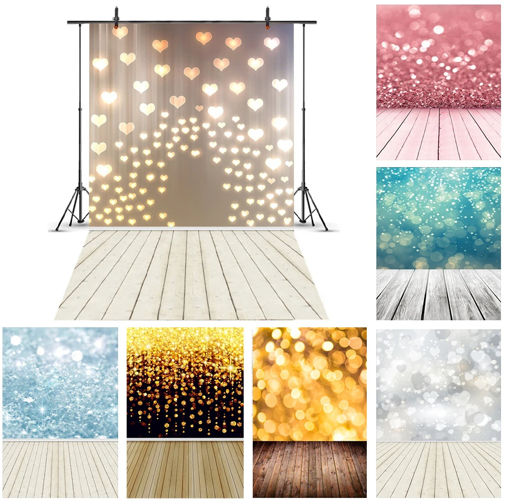 Dreamy Light Bokeh Glitter Love Heart Wood Floor Photography Backdrop Baby Newborn Portrait Photo Background photo backdrop