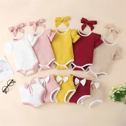 Summer Princess Baby Girl Clothes Sweet Newborn Clothing Solid Romper Tops and Shorts+Headband Outfits 3PCS Kids Baby Clothing