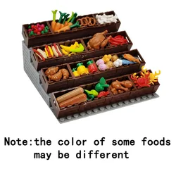 Culinary-Themed Building Block Set: Bread, Chips, Roast Chicken, Pizza, Hot Dog, Fish, Fruit, Carrot, and Basket (Shelves with food)