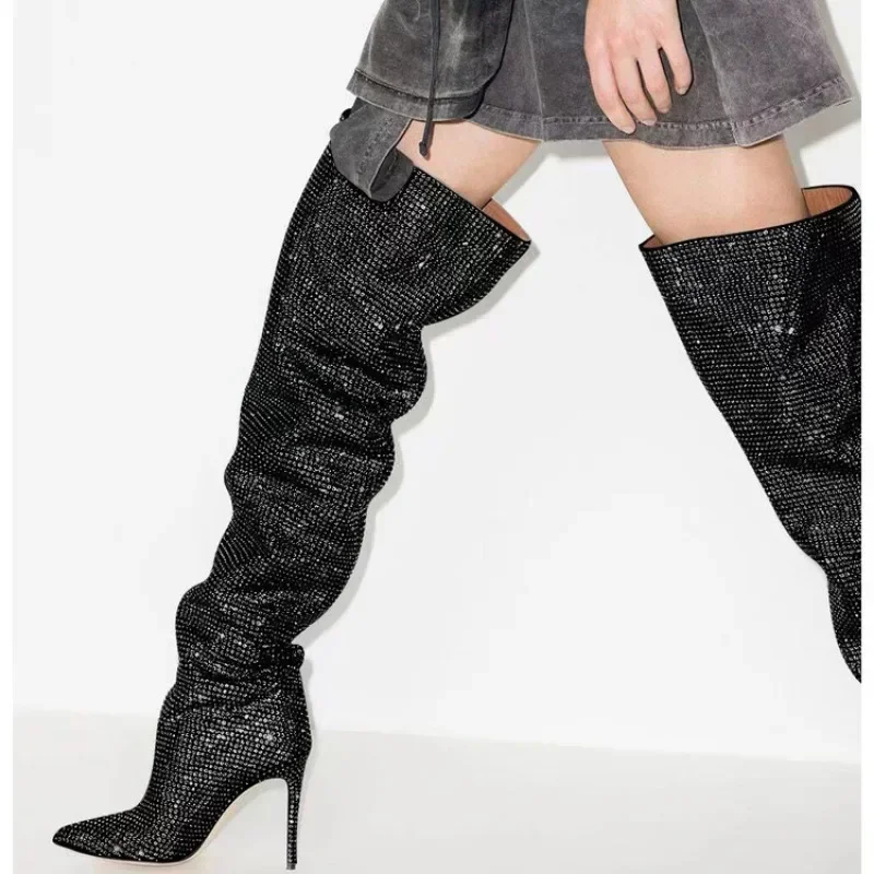 Women High Heel Boots Women's New European and American Fashion Show Starry Sky High-heeled Rhinestone Pointed Nightclub Four Seasons Boots