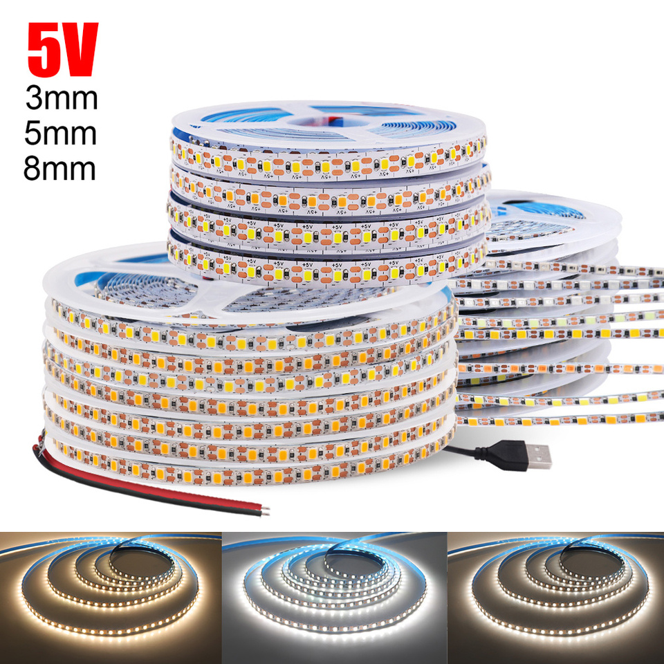 5V 3mm 5mm PCB LED Strip Light 1 LED Cut Ultra Thin 2835 120LEDs/m 8mm Flexible Tape DC IP21 Not Waterproof Warm Natural White