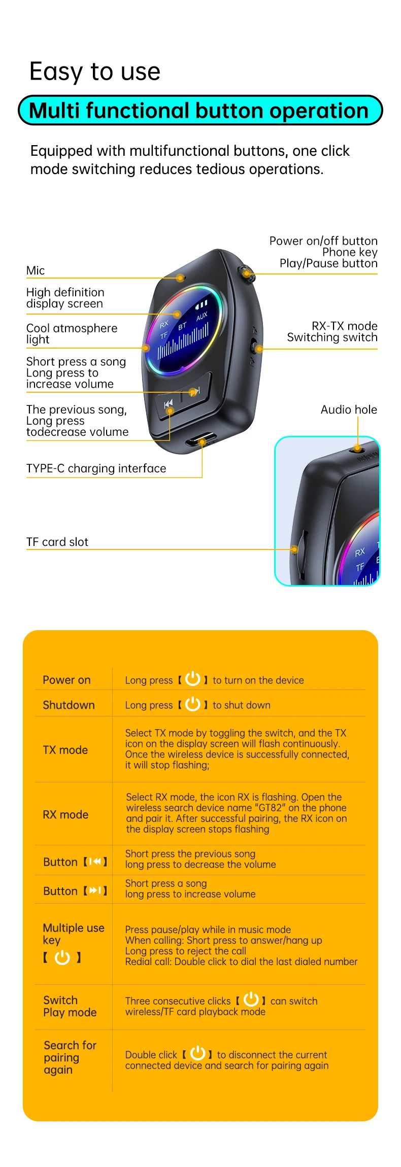 AUX Bluetooth 5.4 Audio Adapter Receiver Transmitter 4 in 1 With Display Screen