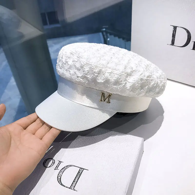 Trendy Designer Pleated Satin Flat Top Navy Octagon Hats for Women Retro Rhinestone Letter Beret Spring women beret women hats