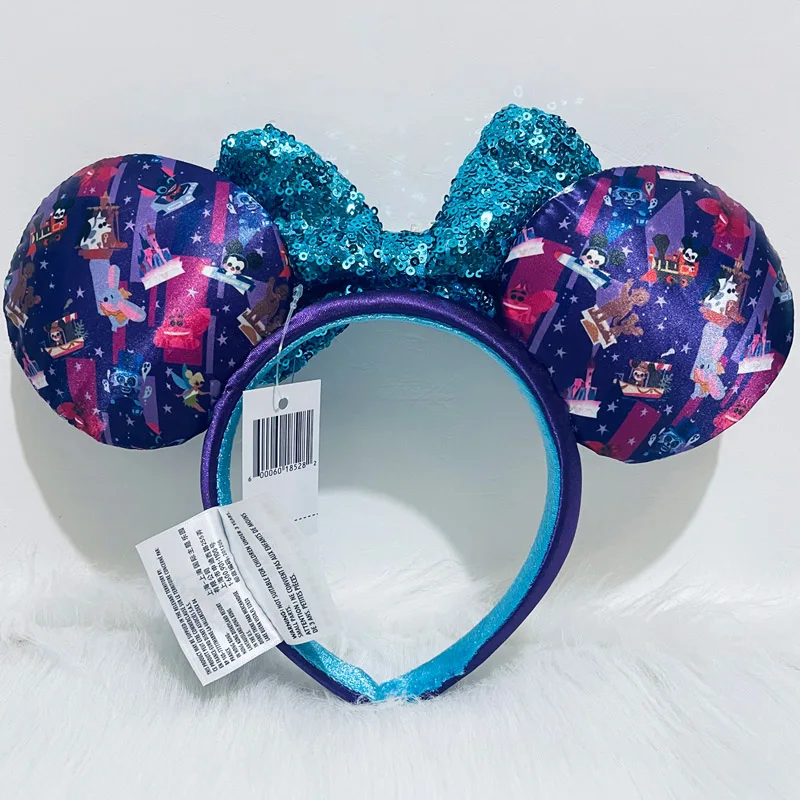 디즈니랜드 귀 장식 티커벨 머리띠 미키 귀 장식 스팽글 리본 금속 엠블럼 성인/아동용 보라색