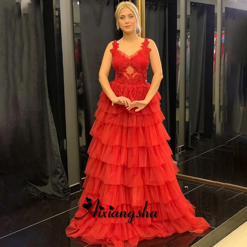 

Aixiangsha Glamorous Layered Prom Dresses Spaghetti Straps Beads Appliques Bustier Diamonds Vestidos de Fiesta Drop Shipping