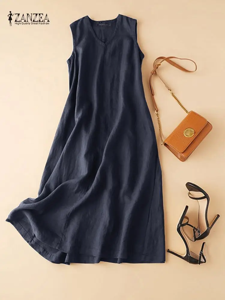 ZANZEA 2025 Sommer Ärmelloses Kleid Frau Mode V Neck Solide Sommerkleid Beiläufige Lose Party Vestidos De Mujer Vintage Rob_voghion.com