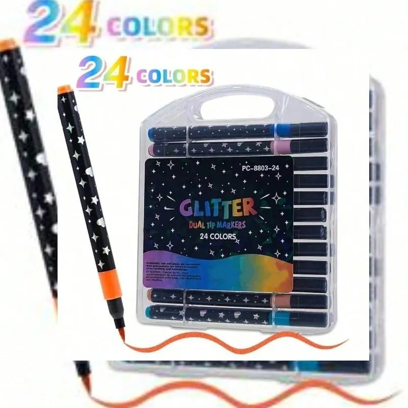 12pcs Glitter Markers, Soft Tip Single Head Brush Pens, Watercolor Pens, Stationery Glitter Markers, Hand-Painted Single