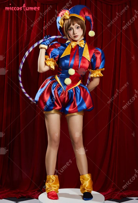 Damen Clown Cosplay Kostüm Harlekin Jumpsuit und Hut mit Handschuhen und Socken 18