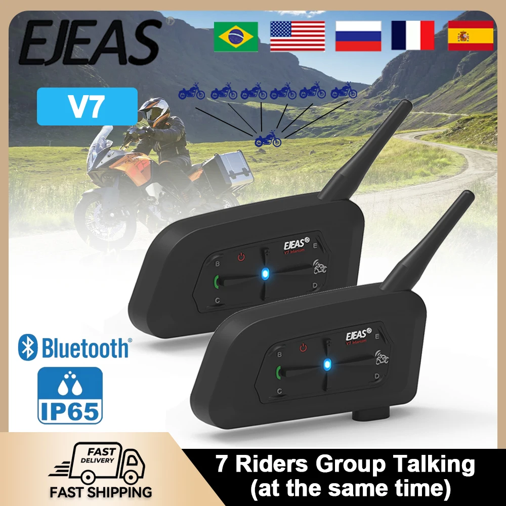 2PCS EJEAS V7 Motorcycle Bluetooth Intercom Connects 2 Mobile Phone At The Same Time Distance BT5.1 Full Duplex IP65 Waterproof